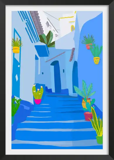 Affiche maroc moderne - escaliers bleus et cactus en pot