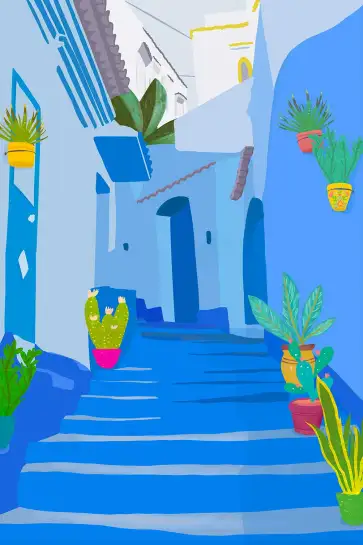 Affiche maroc moderne - escaliers bleus et cactus en pot