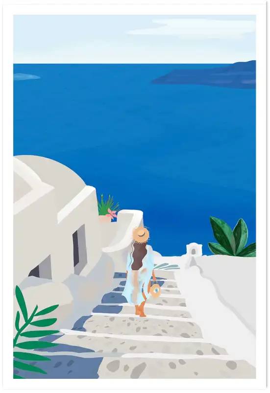 Affiche Voyage Santorin - Ruelle balnéaire et maisons blanches