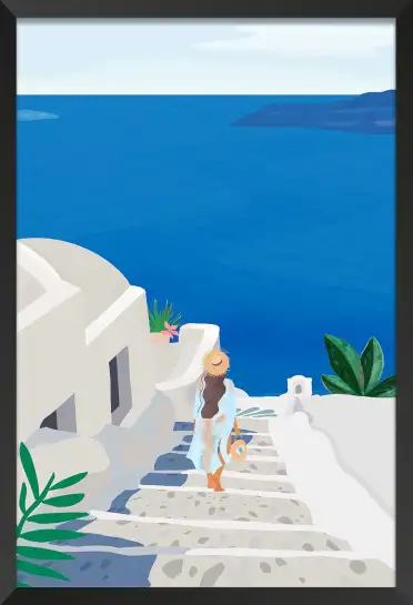 Affiche Voyage Santorin - Ruelle balnéaire et maisons blanches