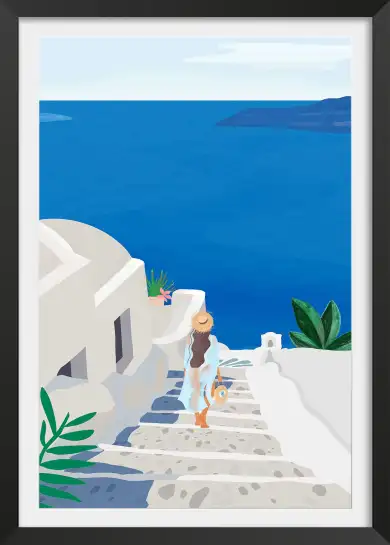 Affiche Voyage Santorin - Ruelle balnéaire et maisons blanches