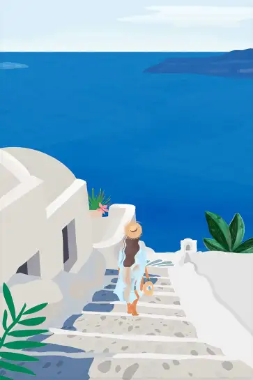 Affiche Voyage Santorin - Ruelle balnéaire et maisons blanches
