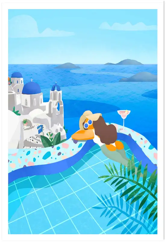 Affiche Vacances en Grèce- Relaxation en piscine vue mer