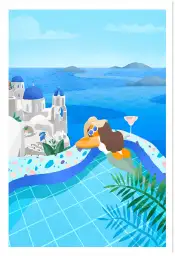 Affiche Vacances en Grèce- Relaxation en piscine vue mer