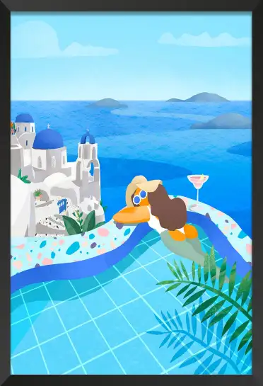 Affiche Vacances en Grèce- Relaxation en piscine vue mer
