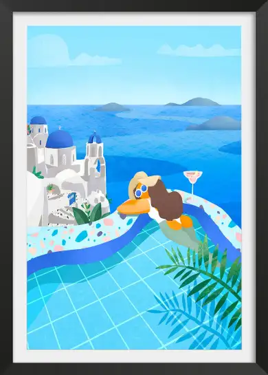 Affiche Vacances en Grèce- Relaxation en piscine vue mer