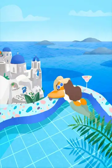 Affiche Vacances en Grèce- Relaxation en piscine vue mer
