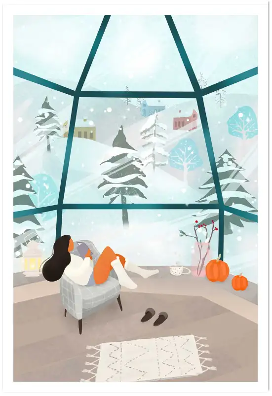 Affiche Cocooning Hiver - Lecture au chaud face à la neige