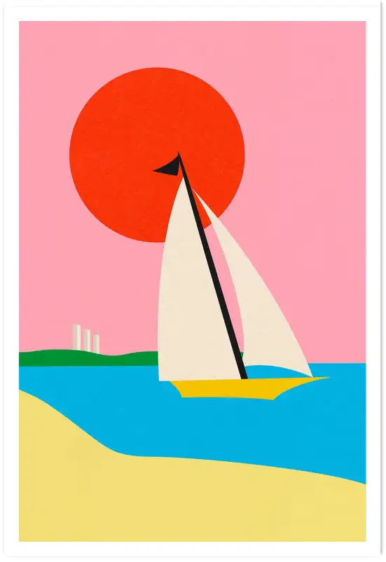 Affiche Marine Retro - Voilier en mer sous un soleil rouge intense