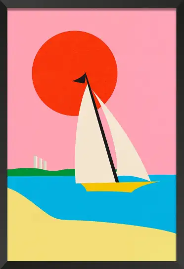 Affiche Marine Retro - Voilier en mer sous un soleil rouge intense