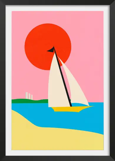 Affiche Marine Retro - Voilier en mer sous un soleil rouge intense