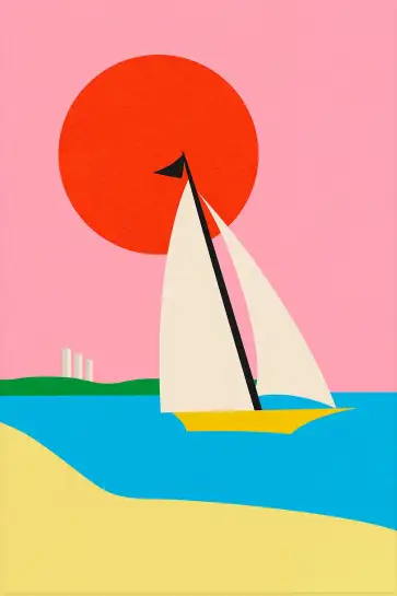 Affiche Marine Retro - Voilier en mer sous un soleil rouge intense