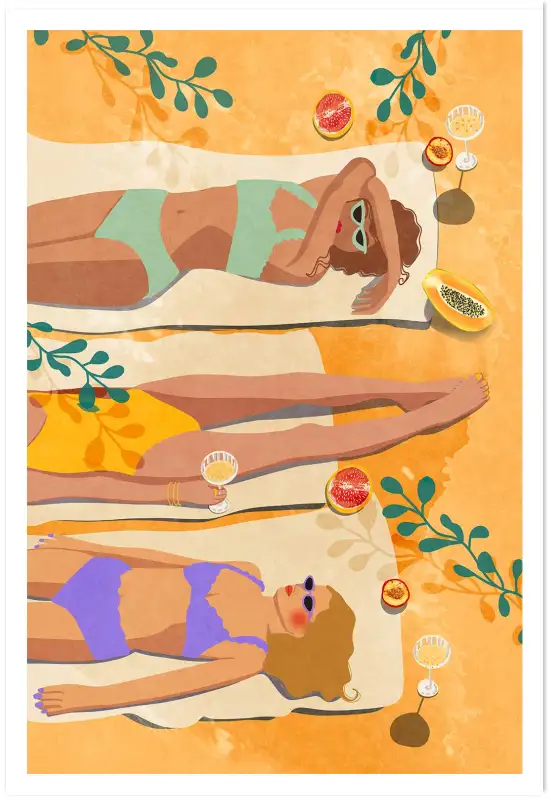 Affiche illustration estivale bronzage et cocktails