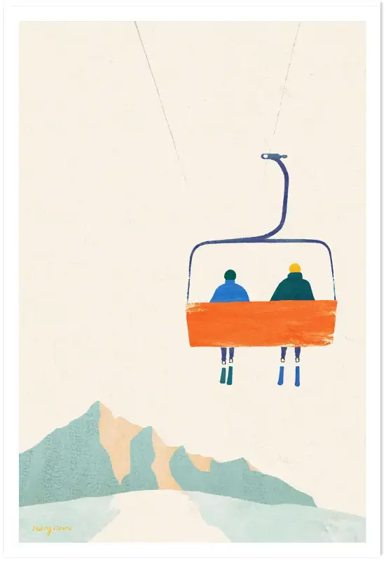 Affiche illustration telesiege ski montagne Henry Rivers