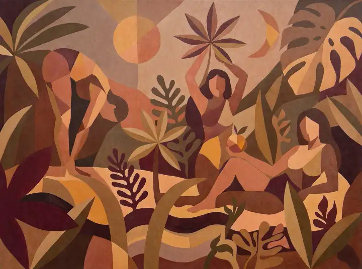 Papier peint panoramique oasis ambré décor vintage, motif végétal chaleureux pour une chambre