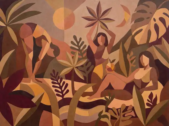 Papier peint panoramique oasis ambré décor vintage, motif végétal chaleureux pour une chambre