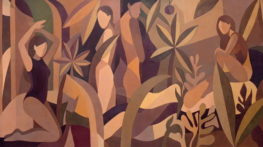 Fresque murale Bal des Muses avec silhouettes féminines et feuillage tropical abstrait teintes terracotta et prune