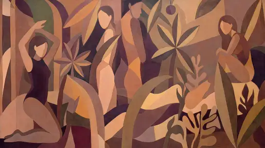 Fresque murale Bal des Muses avec silhouettes féminines et feuillage tropical abstrait teintes terracotta et prune