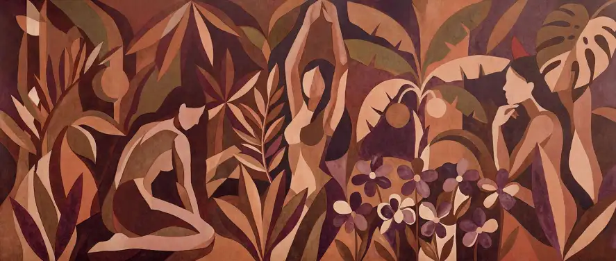 Papier peint panoramique jungle vintage l'heure chaude, fresque murale chaleureuse pour salon