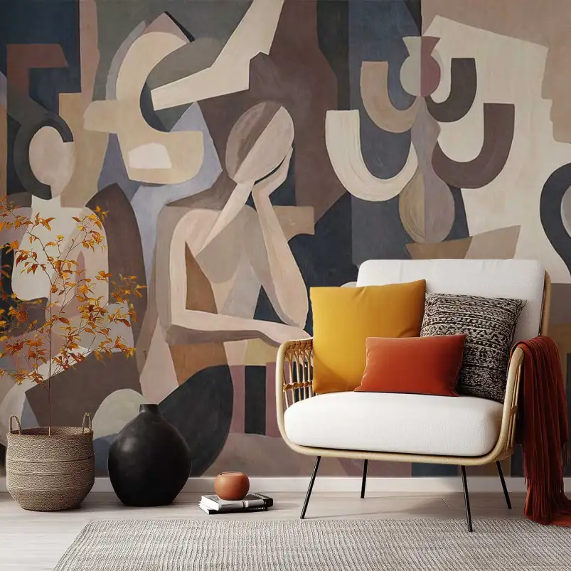 Tapisserie panoramique artistique harmonie des muses, décor mural élégant pour un salon contemporain