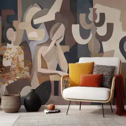 Tapisserie panoramique artistique harmonie des muses, décor mural élégant pour un salon contemporain