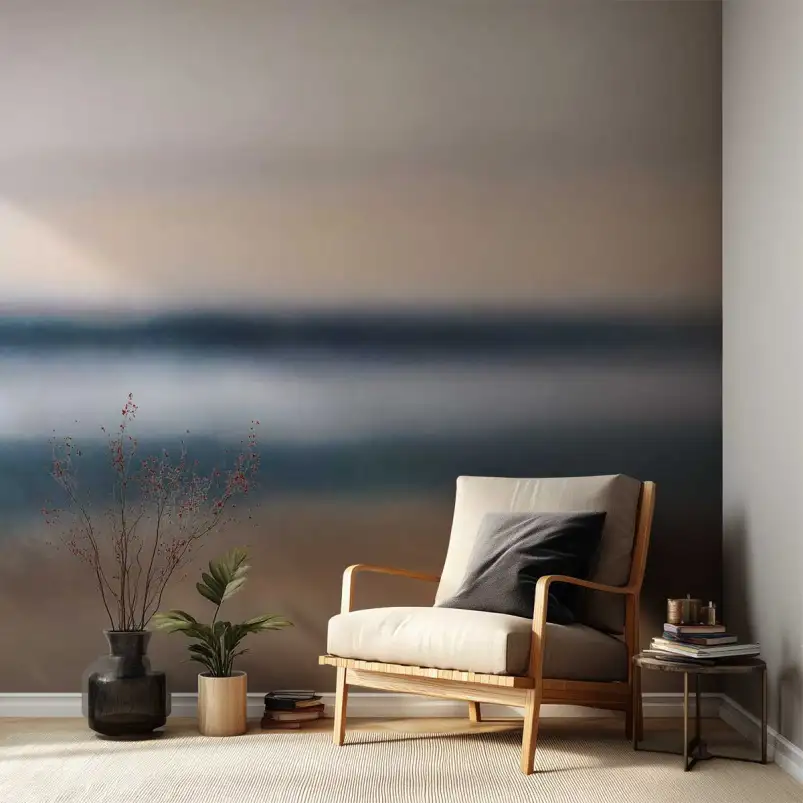 Tapisserie panoramique Horizon Rose paysage abstrait effet flou bleu et beige poudré