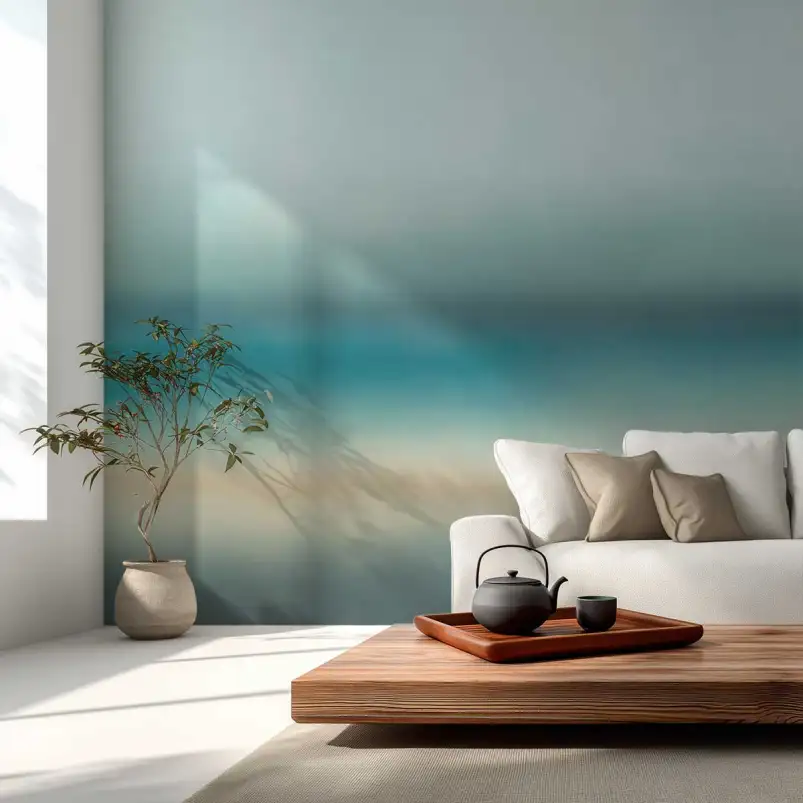Tapisserie panoramique ligne d'horizon bleue design épuré, décor contemporain pour salon moderne