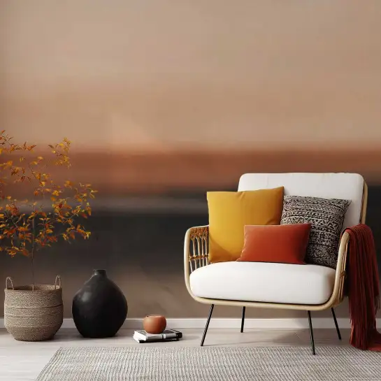 Tapisserie panoramique paysage abstrait effet horizon flou aux nuances beige, ocre clair et anthracite