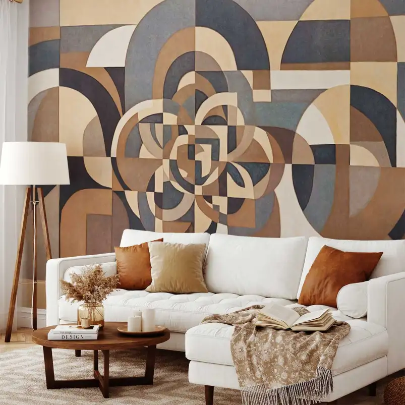 Tapisserie panoramique motif rosace géométrique abstraite aux tons marron, beige et gris