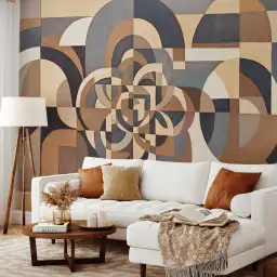 Tapisserie panoramique motif rosace géométrique abstraite aux tons marron, beige et gris