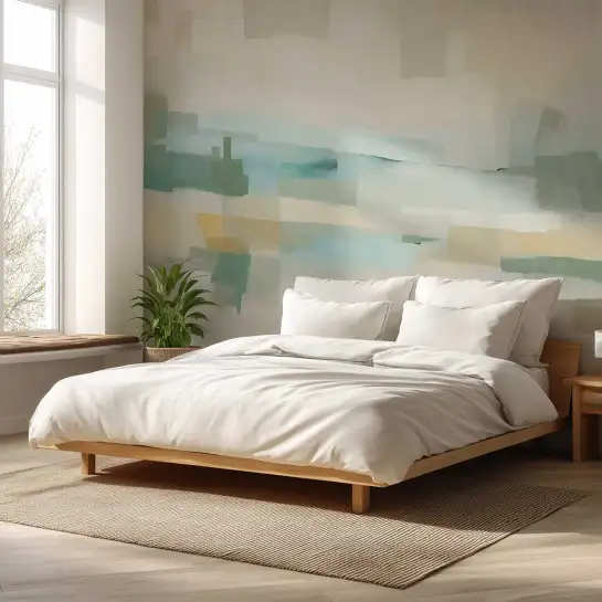 Fresque murale de 364*270cm abstraite en lavis d'aquarelle bleu pastel, ocre nude et superposition de transparences.