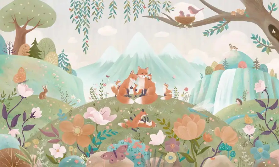 Décor mural panoramique enfant famille de renards illustrée dans un style doux et poétique par Oliver Robins