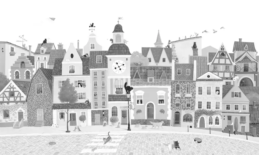 Décor mural monochrome noir et blanc avec d'adorables chats aux fenêtres et dans les rues, papier peint panoramique enfant.