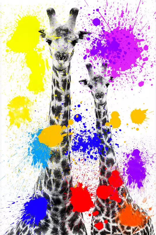 Duo de girafe pop art - tableau animaux multicolore