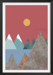 Soleil couchant et pitons enneigés - affiche paysage