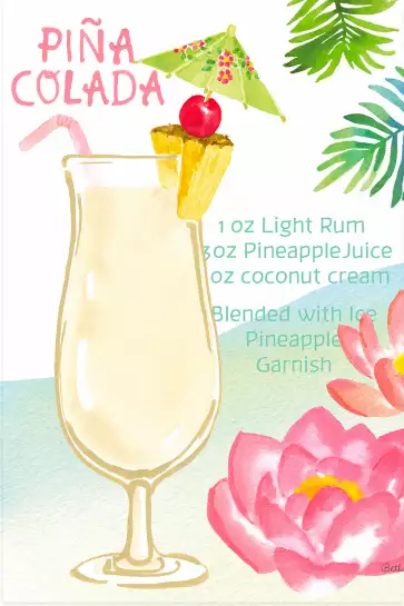 Pina colada en aquarelle - affiche recette cocktail