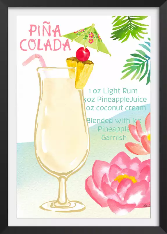 Pina colada en aquarelle - affiche recette cocktail