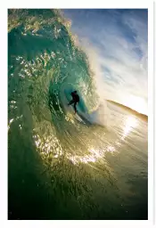 Reflet du soleil et surfeur dans le tube - affiche de surf