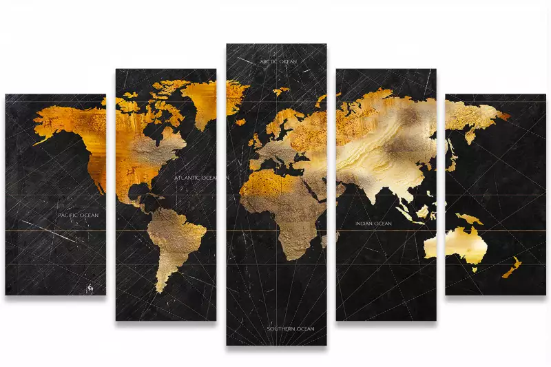 Affiche carte du monde dorée avec cadre noir 90x60cm