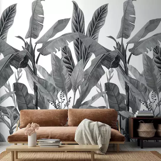 Bananier en monochrome - tapisserie panoramique jungle noir et blanc