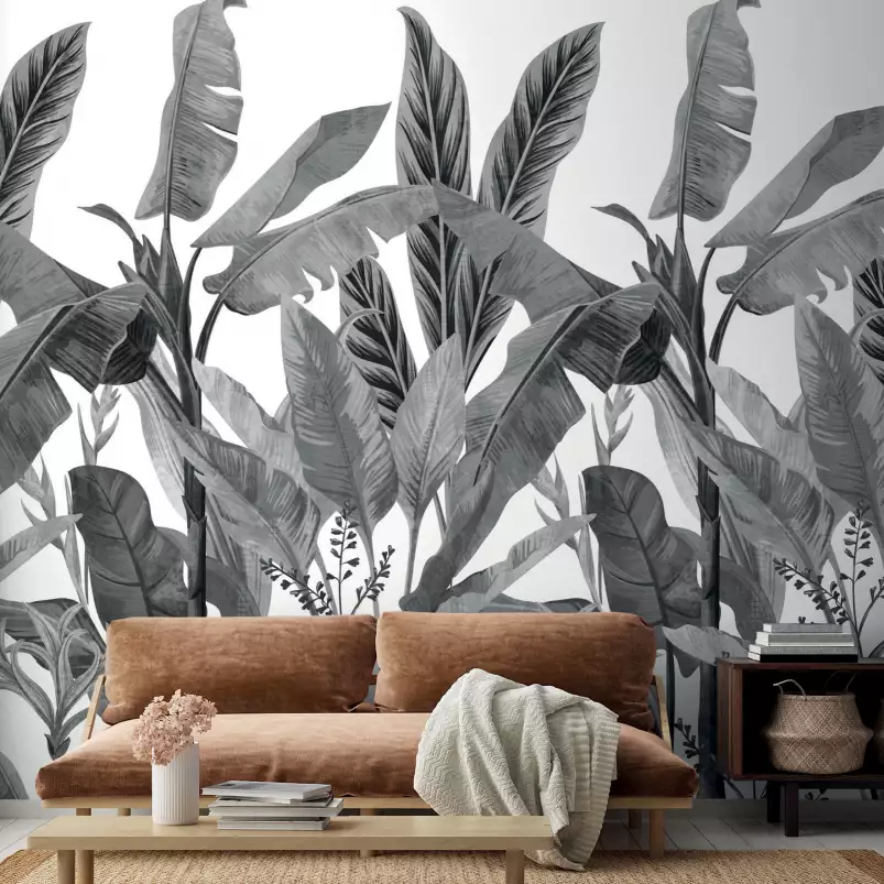 Bananier en monochrome - tapisserie panoramique jungle noir et blanc