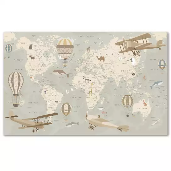 Carte du Monde Avions et Montgolfière - tableau enfant pas cher