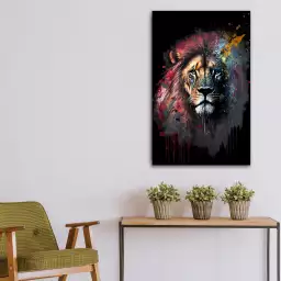 Tête de lion artistique avec motifs floraux - tableau pas cher