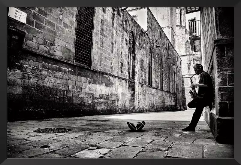 Saxophone de rue - poster noir et blanc