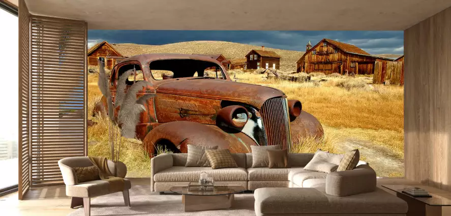 Vieille voiture champ de blé - papier peint panoramique paysage