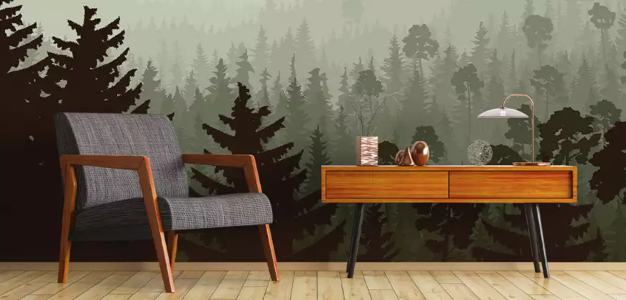 Forêt brume - papier peint panoramique montagne