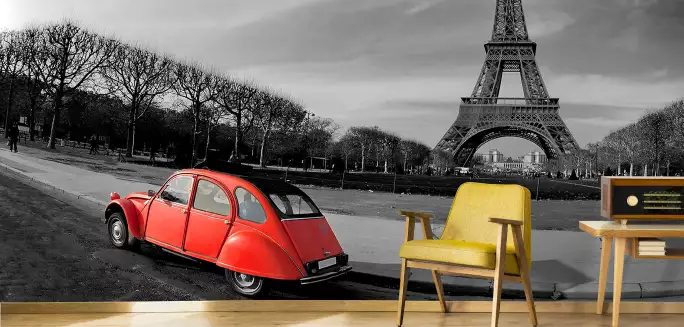 Tour eiffel et 2cv rouge - papier peint paris
