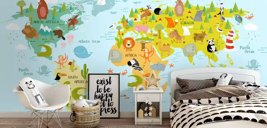 World map and animals - papier peint enfant