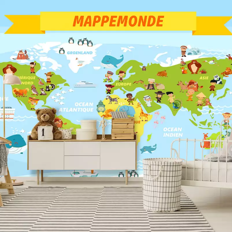 Mappemonde ludique│Papier peint panoramique cartes du monde