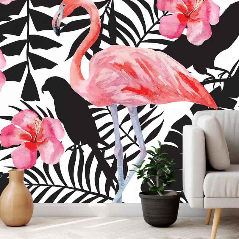 Flamant rose tropical - papier peint exotique